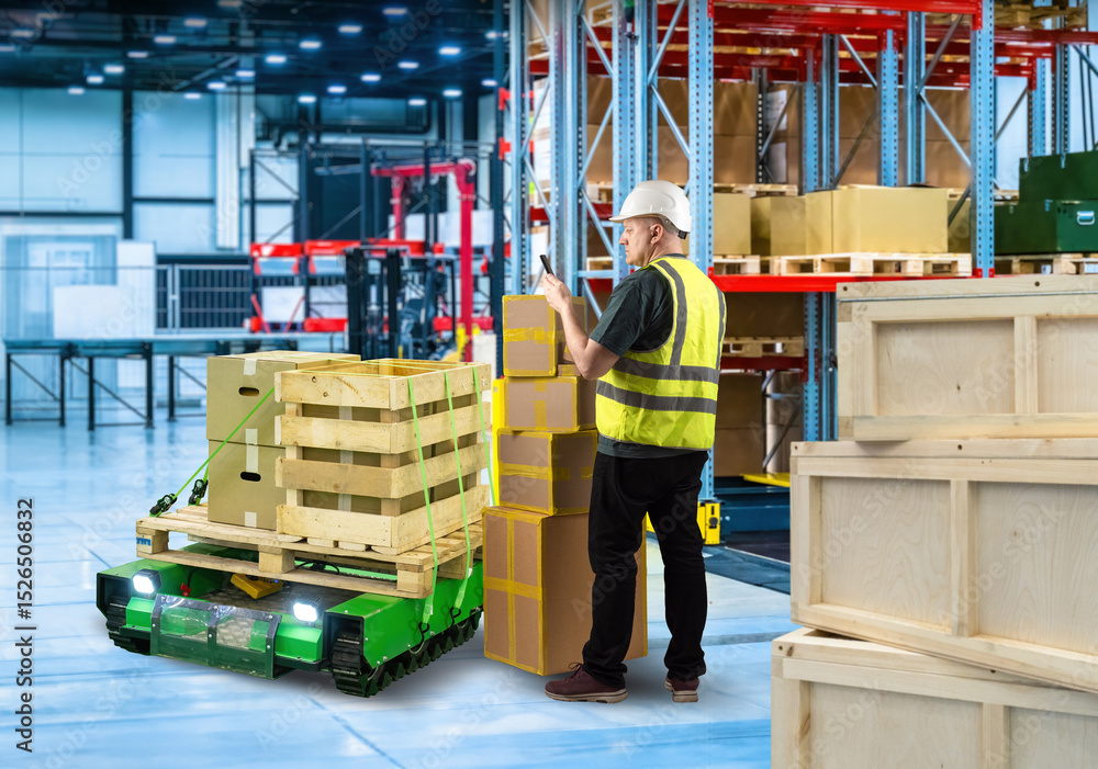 Poster warehouse worker with helmet and vest checks inventory using a mobile device near stacked boxes and 