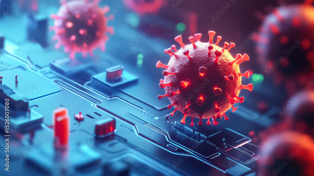 Poster computer chip with a red virus on it
