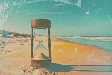 Hourglass On A Sandy Beach With Ocean Waves In A Vintage Postcard Style. Evokes Nostalgia And The Passage Of Time