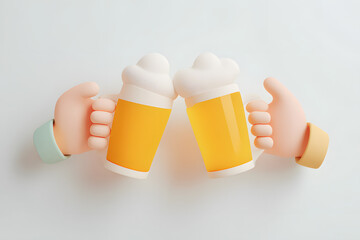 3D flat design poster illustration of two hands making a toast, each holding a glass filled with beer