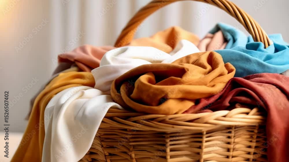 Poster wicker basket overflowing with soft fabrics and colorful scarves in a neutral setting with natural l