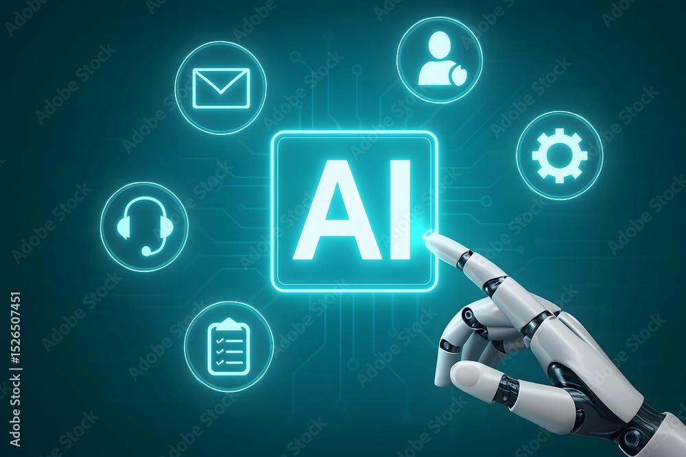 Poster robotic hand interacts with ai interface, showcasing futuristic technology and artificial intelligen