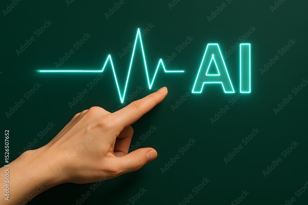 Poster a hand points toward the glowing ai pulse, symbolizing the technological heartbeat. highlighting the