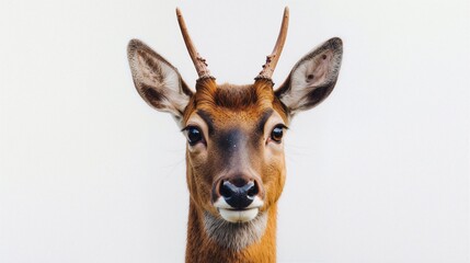 Close-Up of a Deer with Antlers Against a White Background