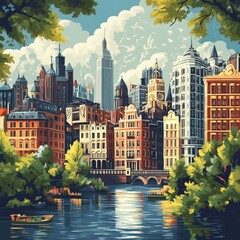 Obraz premium Scenic Cityscape River Bridge and Classic Architecture with Skyscrapers