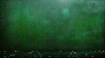 Wet green wall background with water droplets, textured surface, moody atmosphere, scattered coins below