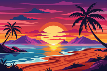 Obraz premium Vibrant Tropical Sunset Beach Paradise Illustration