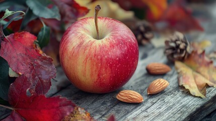 A red apple with a few almonds on a wooden surface with autumn leaves in the background.
