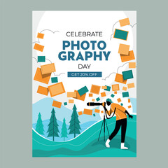 World Photography Day Poster or Flyer with Professional Photographers with Digital Cameras Taking a Pictures and Photos in Different Situations