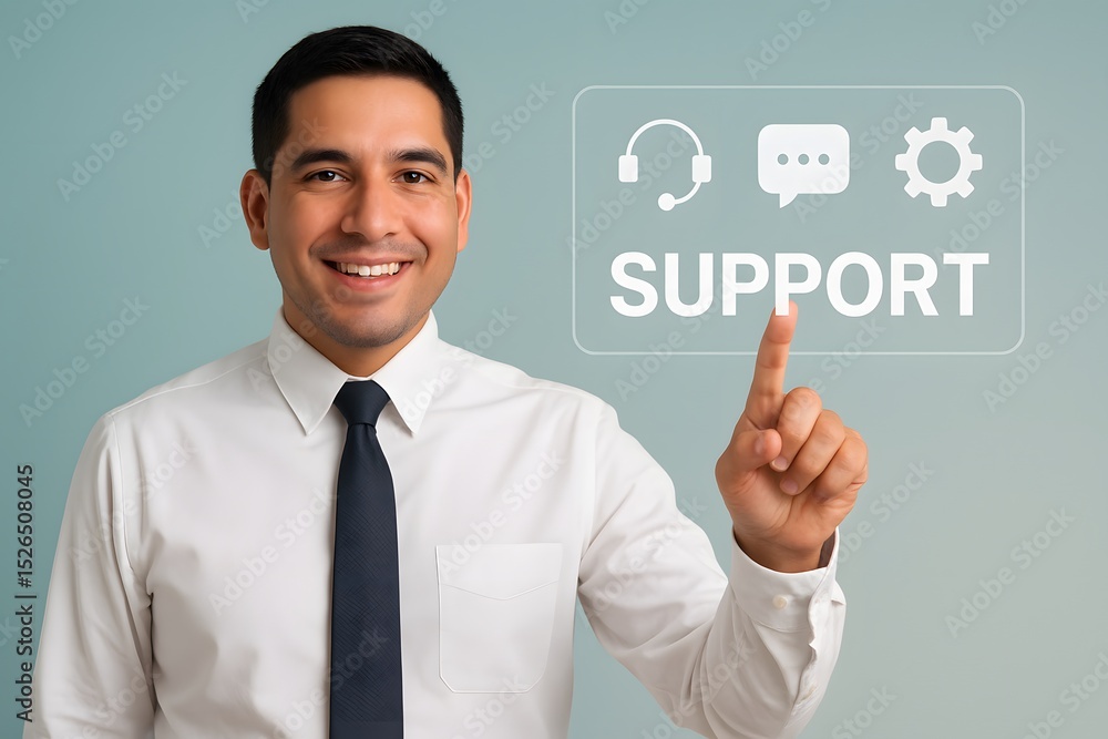 Poster a smiling individual pointing to the word 