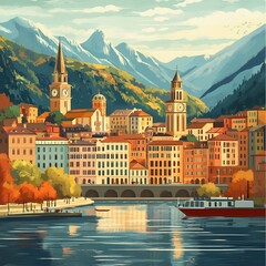 Fototapeta premium Scenic European Town by Lake Autumnal Colors Mountain View Architecture Travel