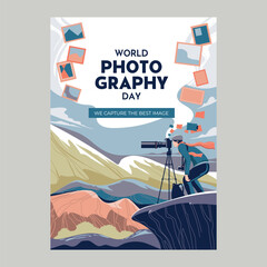 World Photography Day Poster or Flyer with Professional Photographers with Digital Cameras Taking a Pictures and Photos in Different Situations