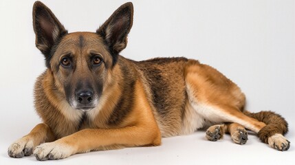 Majestic German Shepherd Dog Lying on White Background