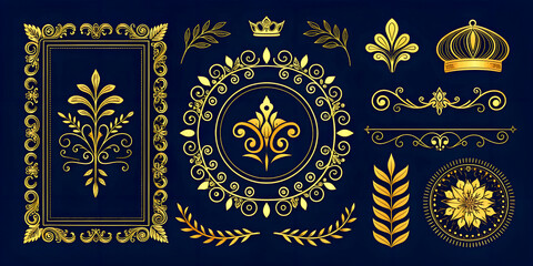 Golden ornate handdrawn elements - frames, labels, scroll, logos, floral motifs for decoration, branding