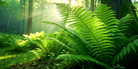 Green fern bush with large feathery fronds, sunlight filtering through, vibrant fresh look, ultra-detailed 4K