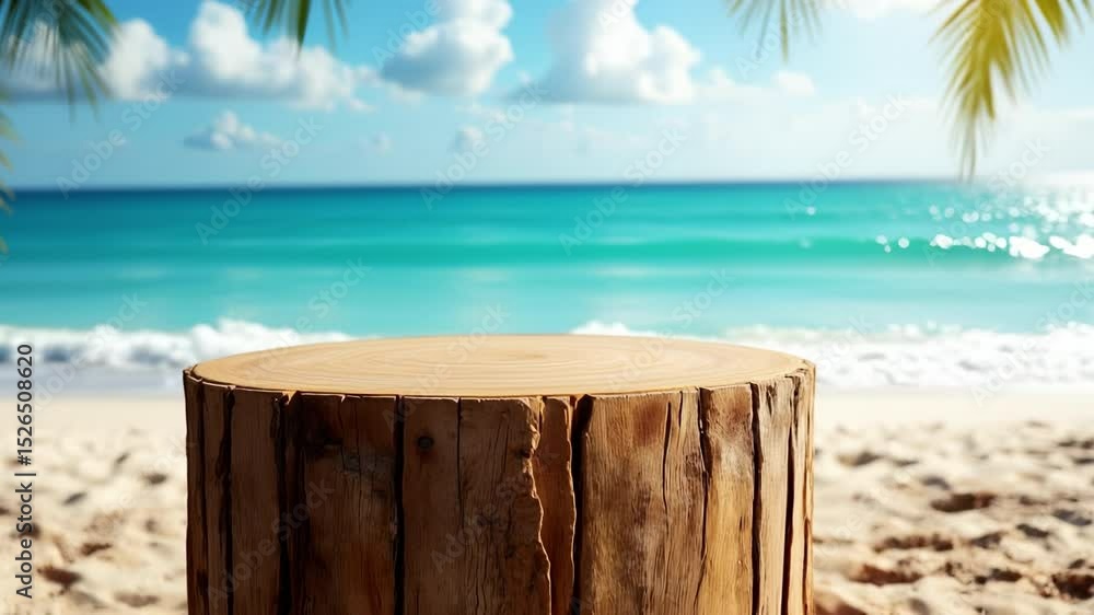Poster summer product display on empty wooden podium with clean beach backdrop