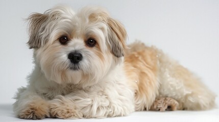 Fluffy Dog with Light Brown Fur Lying on White Background