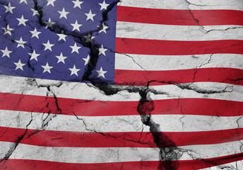 Flag of United States. Cracks in national symbol of USA. Crumbling wall in colors of American flag....