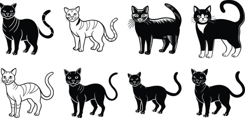 Black Cat Silhouettes Vector Illustration Set. Silhouettes of Black Cats in Various Poses.
