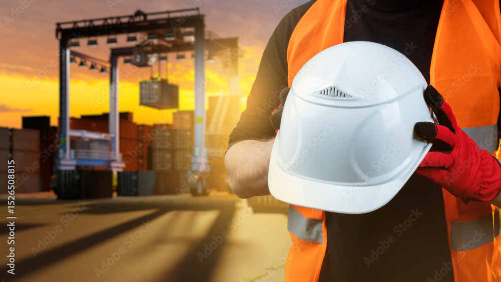 Poster helmet of worker at customs terminal. hands of worker standing in container port. cropped logistics 