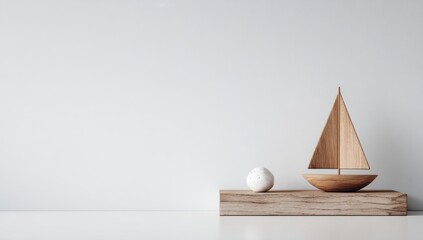 Simple wooden sailboat and orb on a light-wood plank