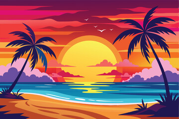 Fototapeta premium Vibrant Tropical Sunset Beach Paradise Landscape Illustration