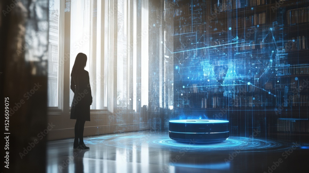 Poster a woman stands in front of a blue and white computer screen. the woman is looking at the screen with