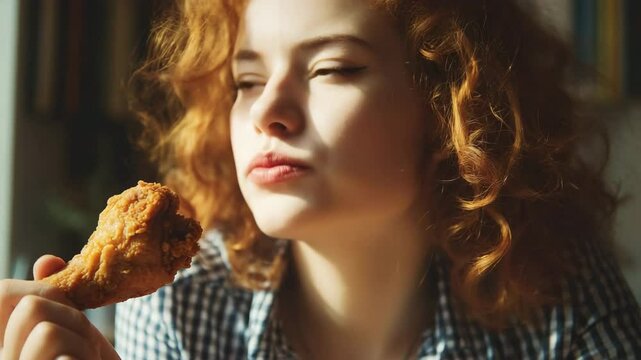 Fast food caf&eacute; with person savoring delicious snack. Woman holds eating breaded fried chicken, freshly baked treat. Dining, fastfood junk restraint. Tasty chick leg.