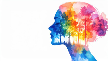 Colorful watercolor portrait silhouette with vibrant trees and nature