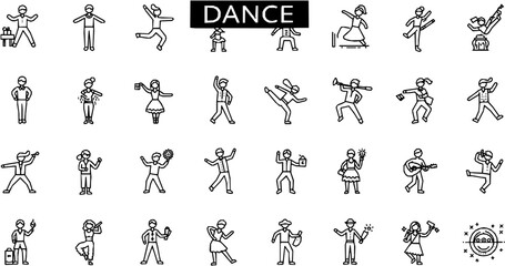 Dance line icon set. Vector pictograms of various people dancing styles - ballet, salsa, hip-hop, traditional folk, tango, jazz, samba, flamenco, disco freestyle thin linear illustration