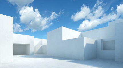 Futuristic abstract 3d rendering of minimal gray building architecture with clean lines and modern structure under clear blue sky. Conceptual design for cityscape, urban development and construction