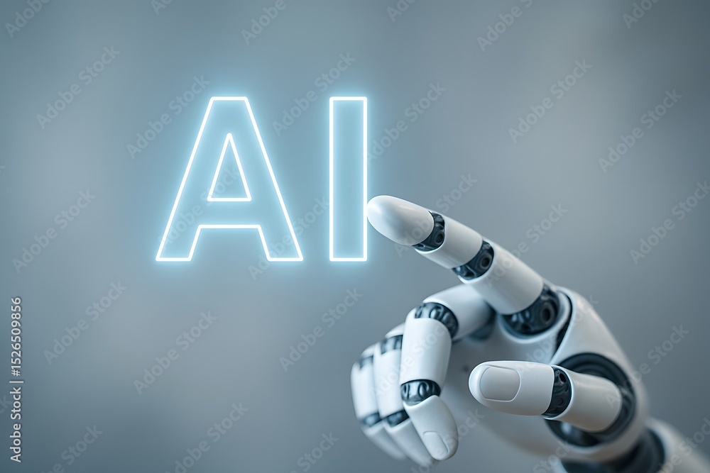 Poster robotic hand points at ai text. futuristic technology concept. artificial intelligence, innovation, 