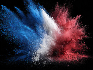 Dynamic Explosion of Red, White, and Blue Powder on Black Background

