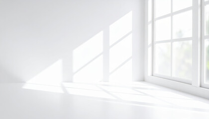 Fototapeta premium Bright, empty room with white walls and sunlight shadows