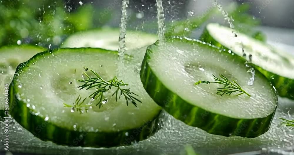 Poster sliced cucumber and dill, showing a close-up of the fresh produce and water droplets creating a refr