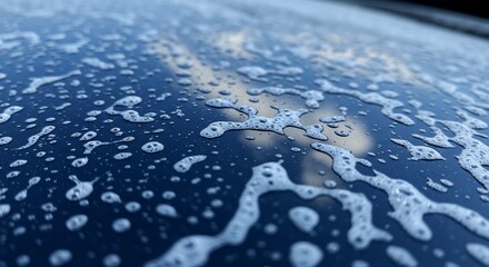 Car hood covered in soapy water, reflecting the sky after a wash