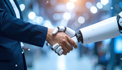 human and robot shaking hands, symbolizing collaboration and innovation