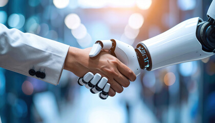 human and robot shaking hands, symbolizing AI human collaboration
