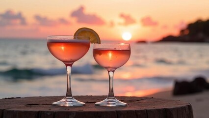 Enjoying cocktails at sunset on a beach with gentle waves in the background