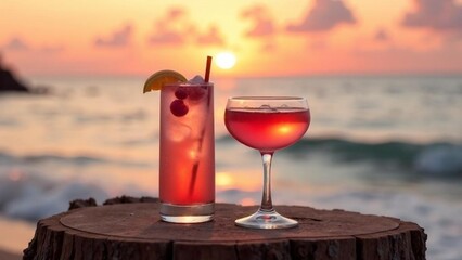 Enjoying colorful cocktails during sunset at the beach with waves gently crashing in the background