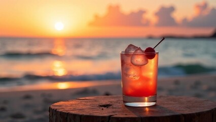 Cocktail with cherry on a beachside table during sunset by the ocean waves