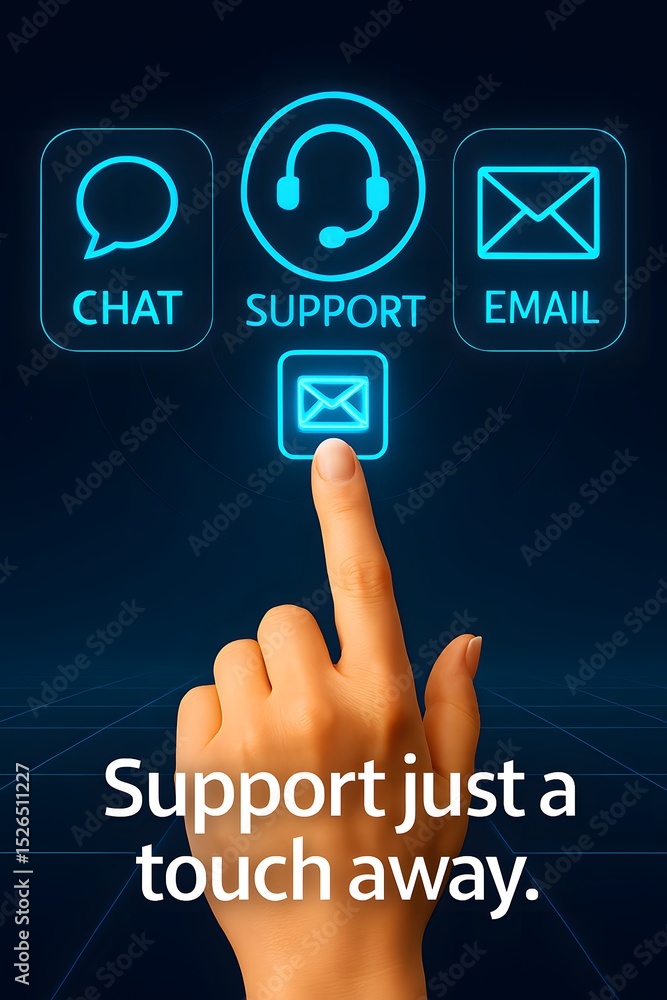 Poster an interactive visual representation of modern customer service, with illuminated icons of chat, sup