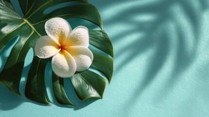 Obraz premium White Plumeria Flower on Green Monstera Leaf with Shadow on Teal Background