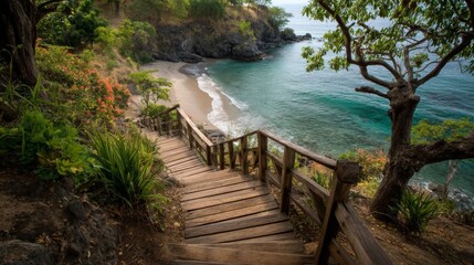 Fototapeta premium Wooden Stairs Leading to Secluded Tropical Beach