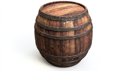 Obraz premium A wooden barrel with a wooden lid, placed on a white surface. The barrel has a rustic, aged appearance with visible signs of wear and tear