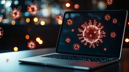 Empty laptop screen displaying virus graphics with blurred lights in background, creating modern and tech focused atmosphere