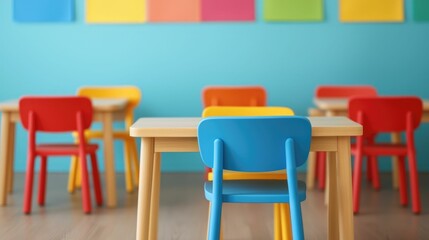 Obraz premium Bright and cheerful classroom interior with colorful furniture wall decor and an inviting environment for nurturing student learning development and creativity