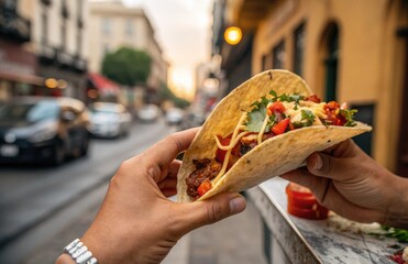 Person holding a flavorful taco with a city street background