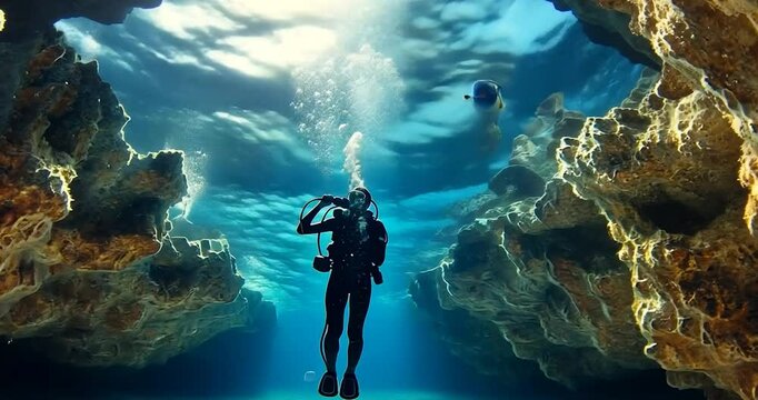 Underwater scene of a diver in a blue ocean with rock formations. Bubbles are rising up from the diver as the diver poses. A scuba diver explores the deep blue sea. 