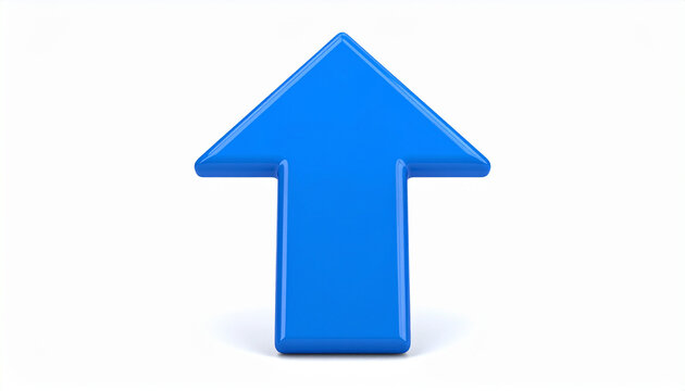 Blue glossy arrow pointing upwards isolated on white background. Direction guide.